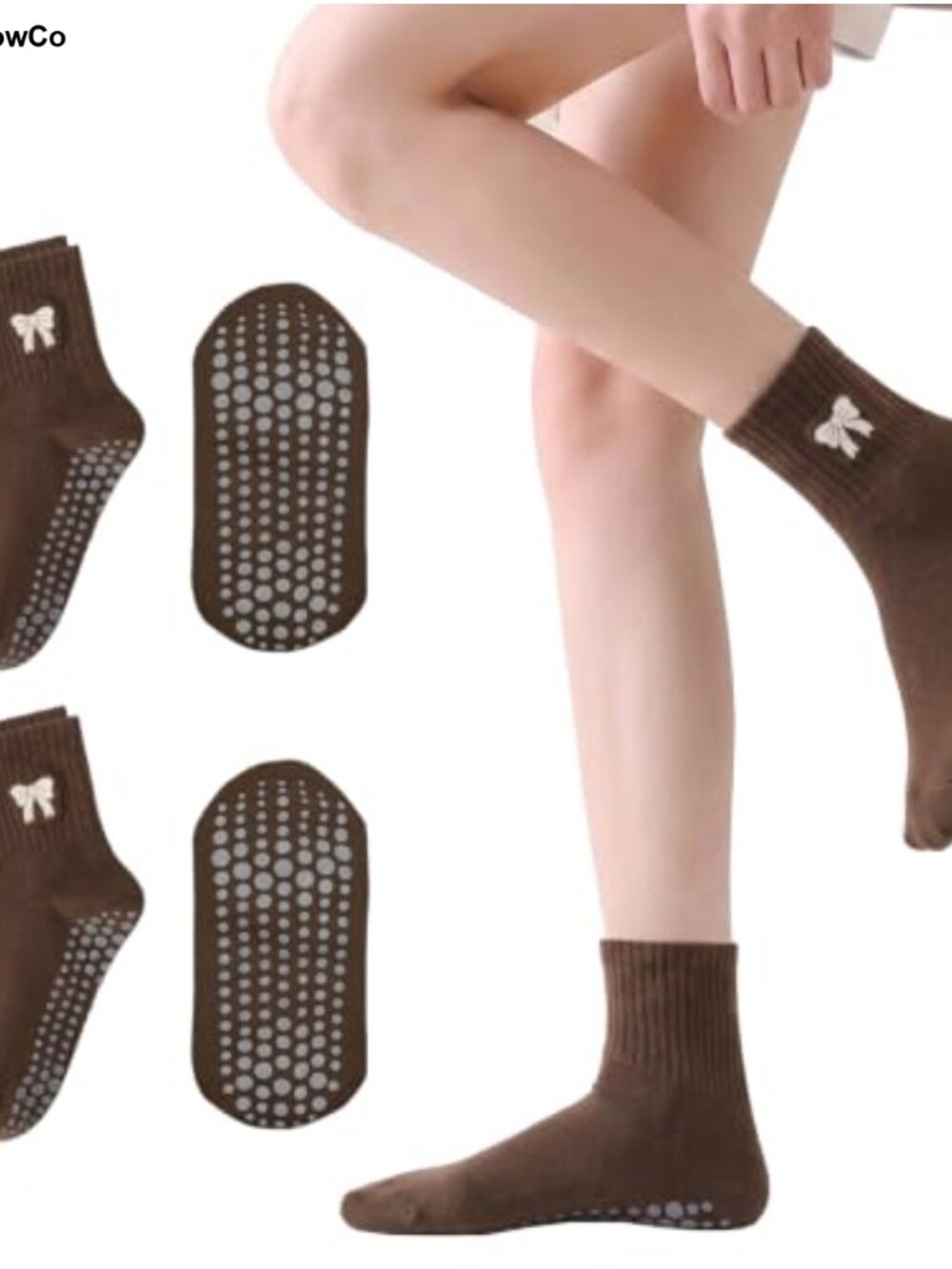 Women's Pilates Socks with Non-Slip Dotted Grip & Bow Embroidery